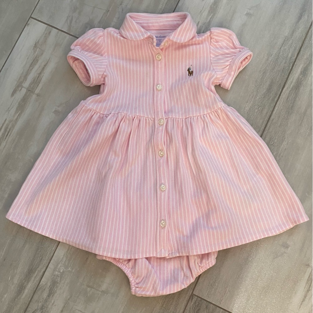 Ralph Lauren Pink Striped Oxford Shirtdress and Bloomer Set, size 6M